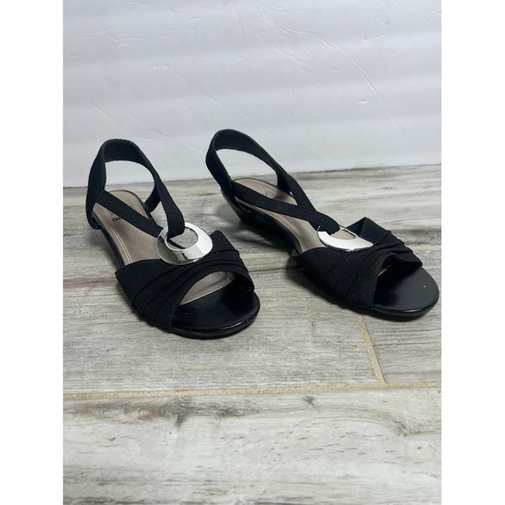 Impo Rome Wedge Sandals 8M Black Womens Chic Minimalist Elastic Slingback Shoes